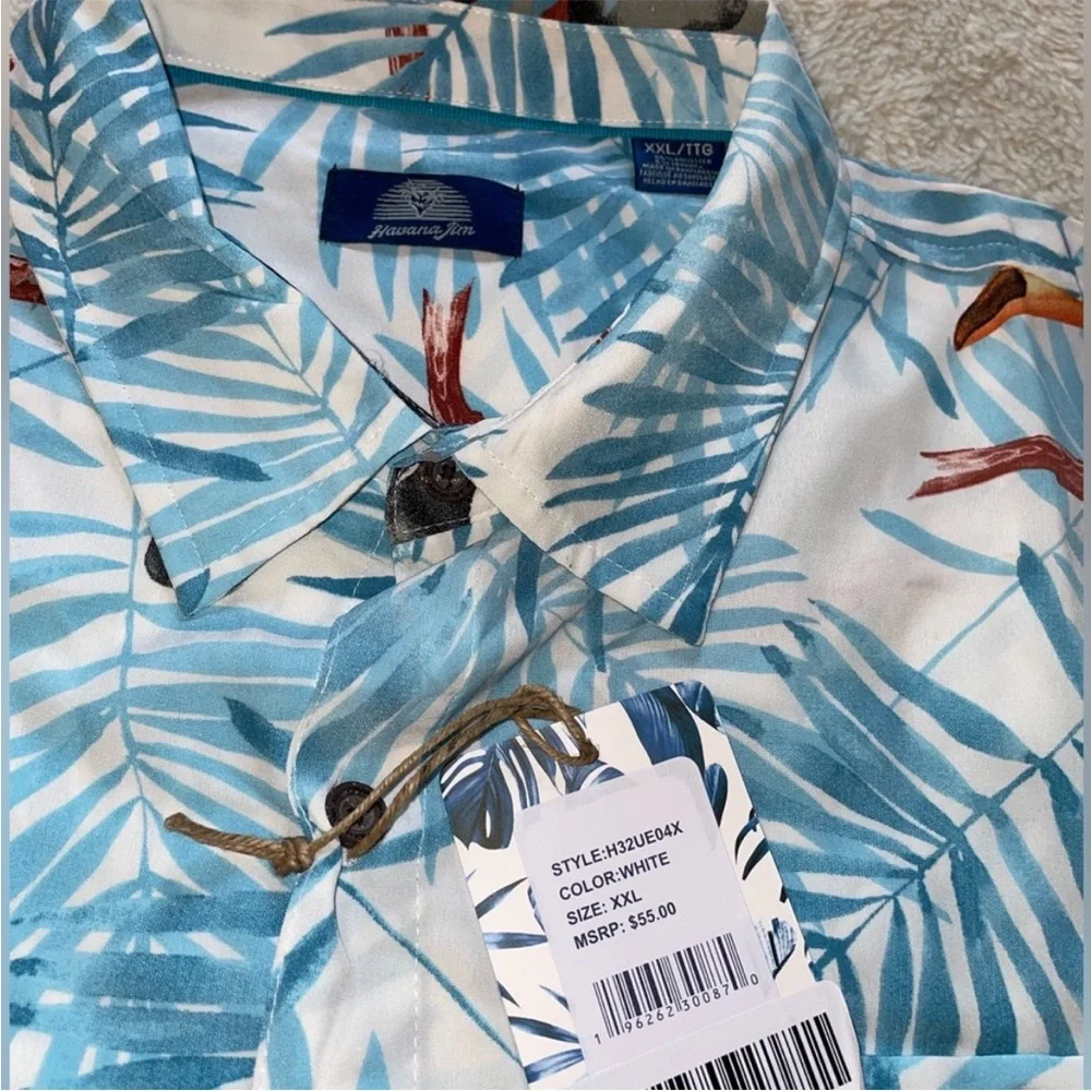Havana Jim Tropical Blue Toucan Print Men's Button Down Shirt - Picture 2 of 5